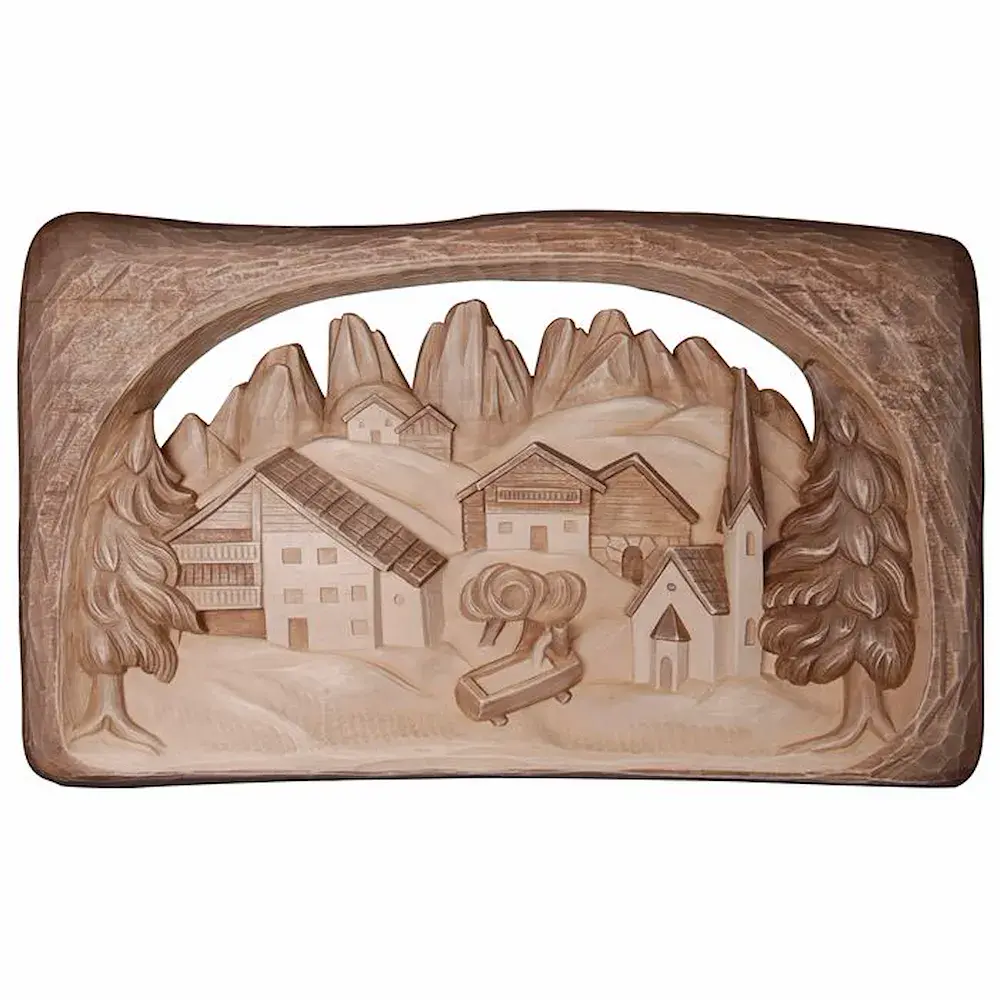 Relief Landschaft Kirche und Brunnen