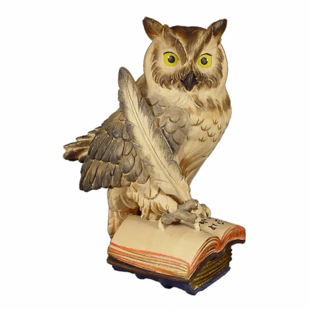 Gufo su libri con penna