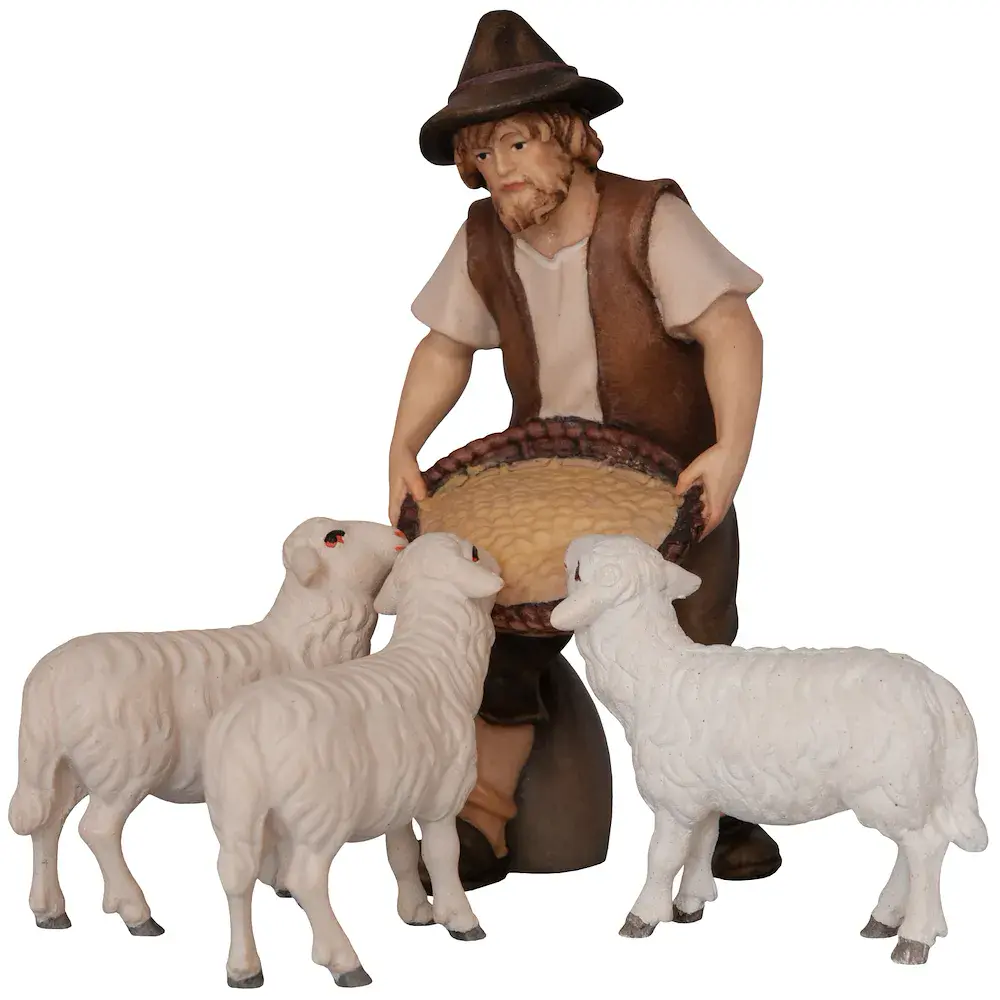 Betlehem Crib Shepherd feeding three sheep