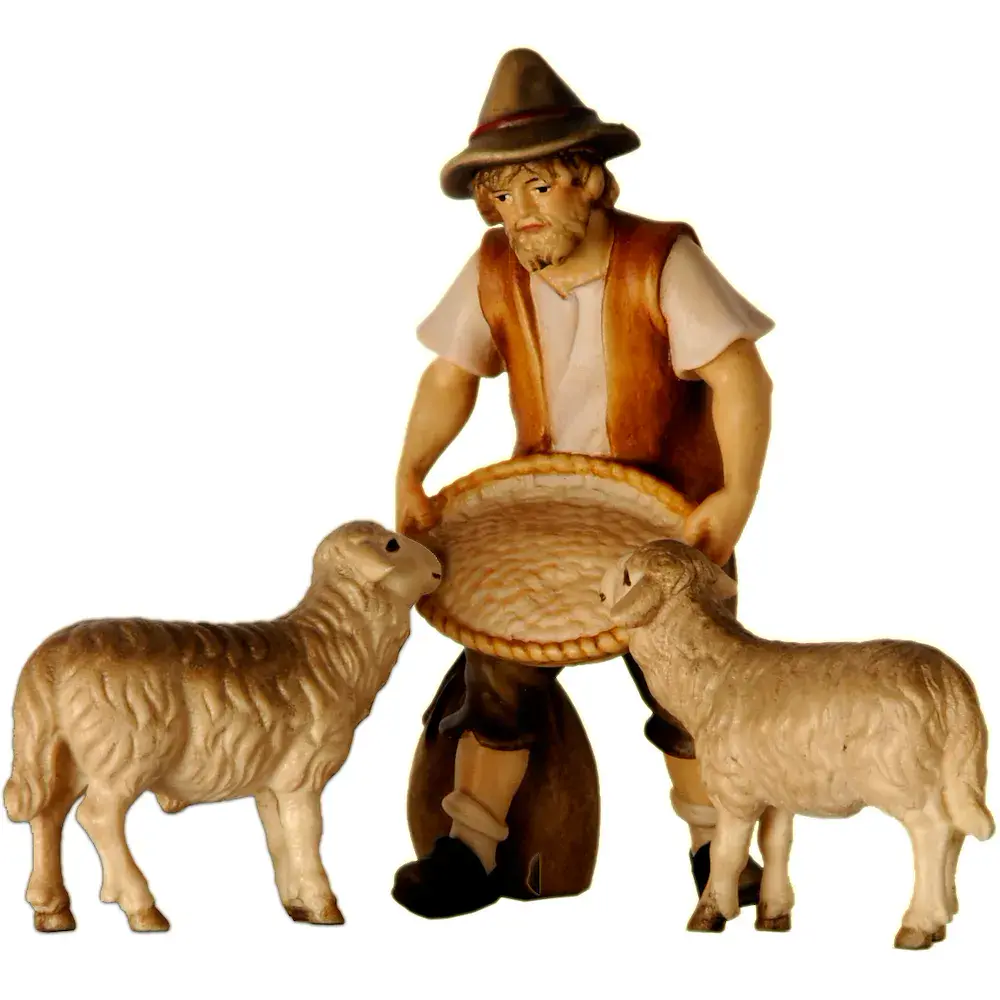 Bethlehem Nativity Shepherd feeding two sheep