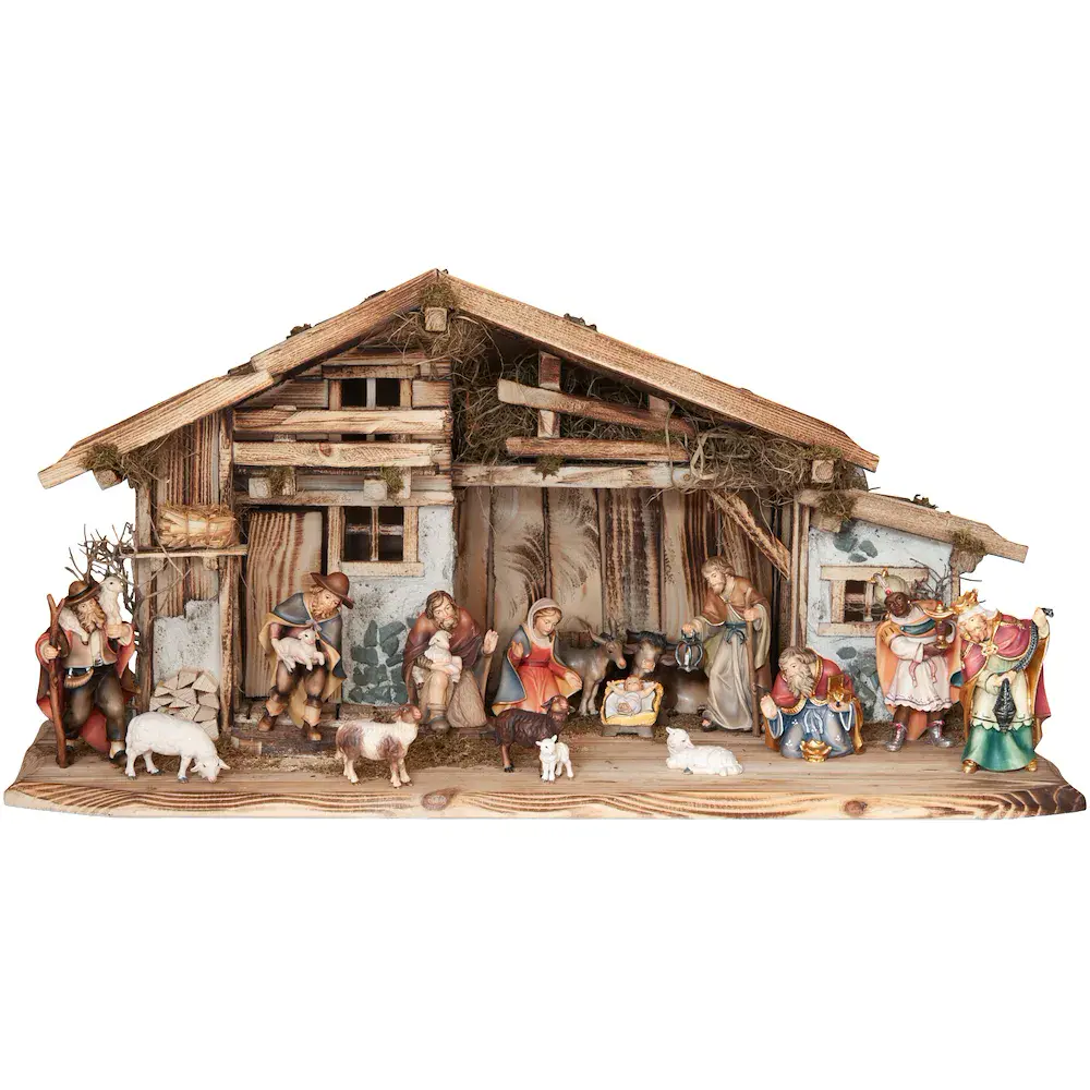 Stable Alpe di Siusi with 17 Betlehem Nativity fig
