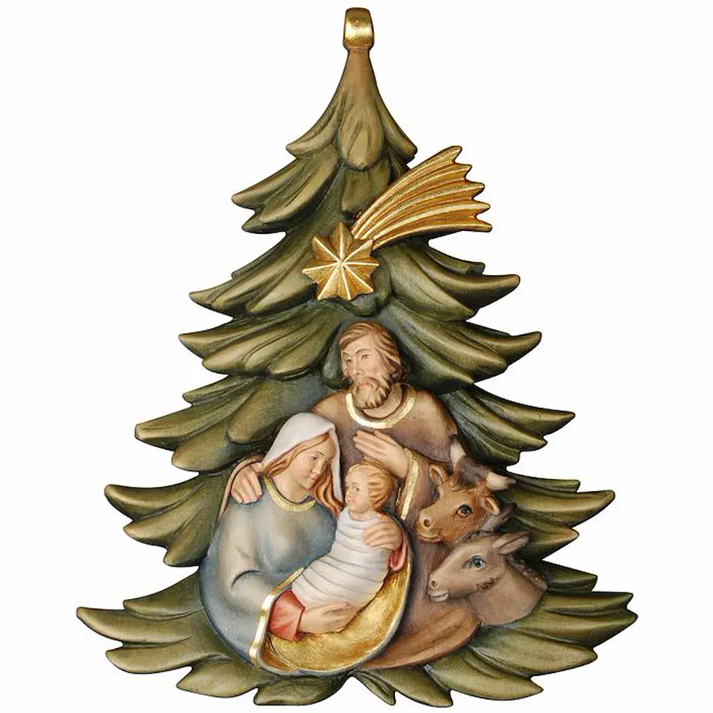 Baumbehang: Christbaum mit Familie, Ochs und Esel