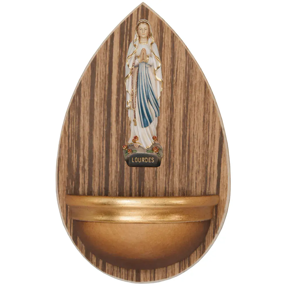 Holy water font in wood with Our Lady of Lourdes