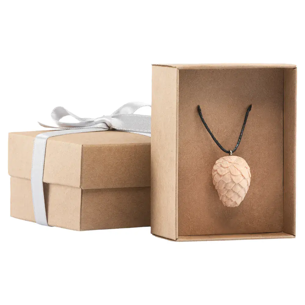 Swiss pine cone necklace in box
