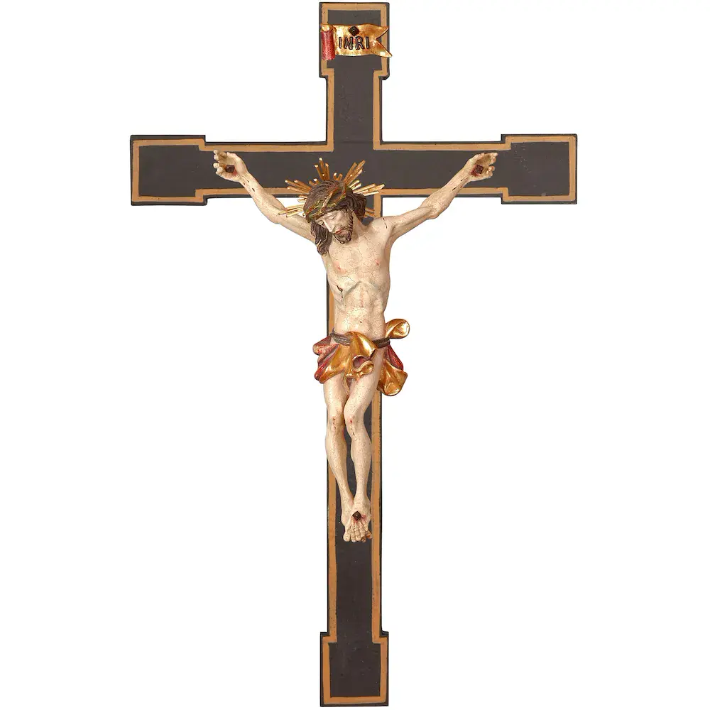 Kruzifix barock mit Gloriole auf romanischem Kreuz
