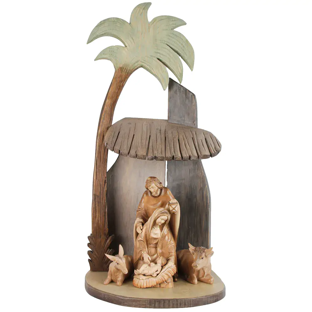 Holy Family with ox and donkey and shed with palm