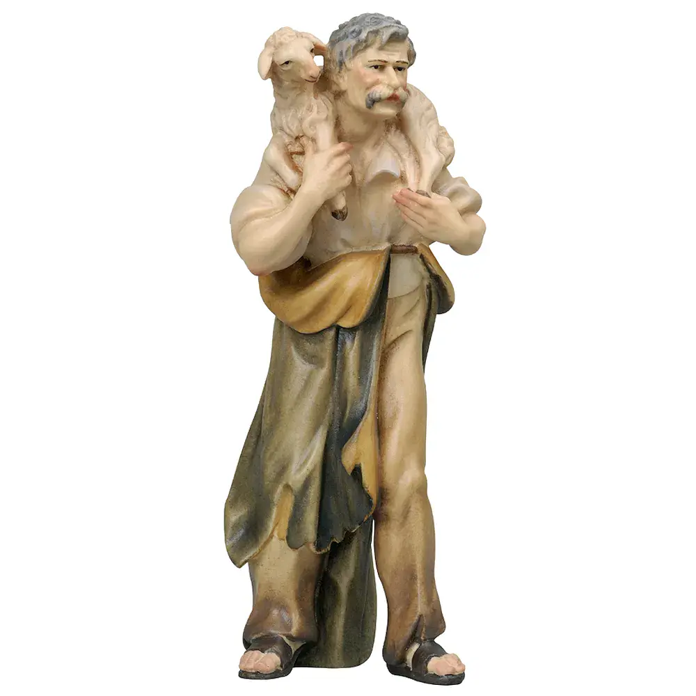 Shepherd with sheep on his shoulder