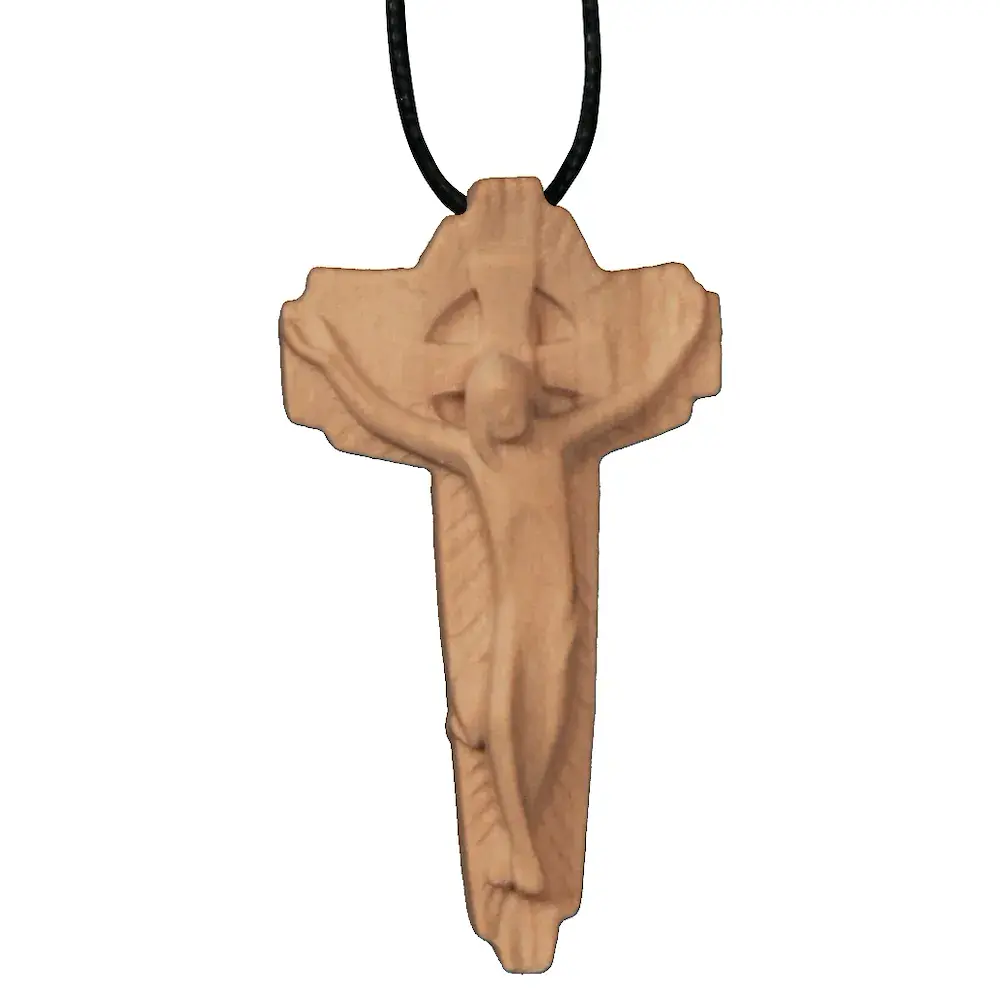 Modernes Kreuz auf Lederband, Holz