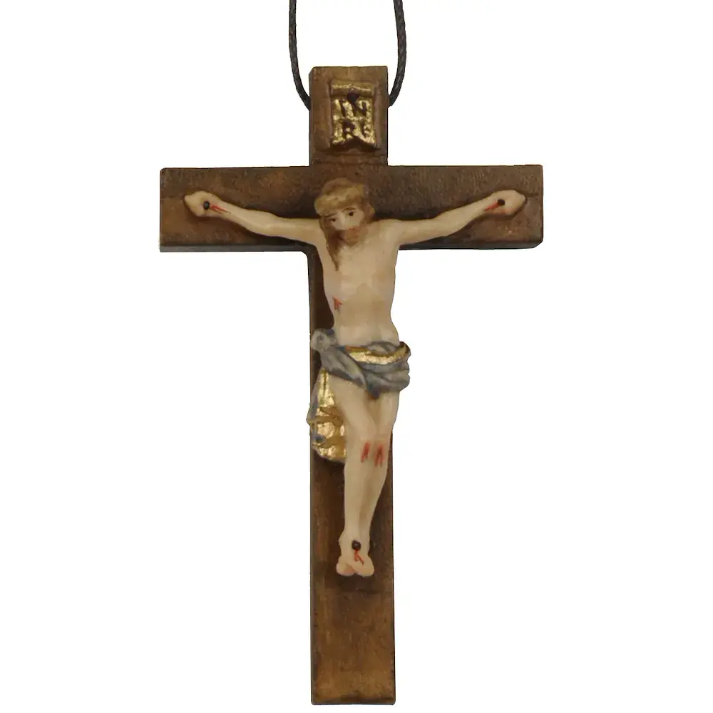 Barockes Kreuz auf Lederband, Holz