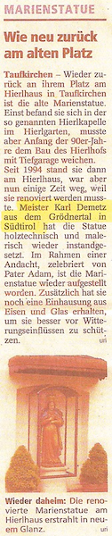Zeitungsartikel über die Restaurierung der Marienstatue